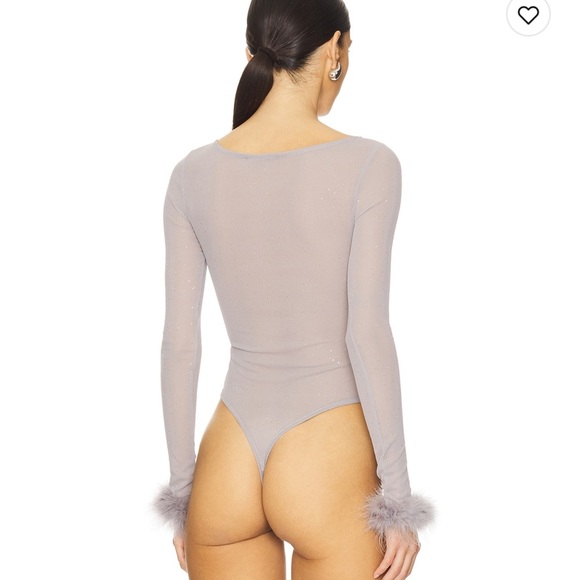 More to Come Grey Sparkle Mesh Feather Cuff Bodysuit - NWT - Size small - Picture 5 of 5